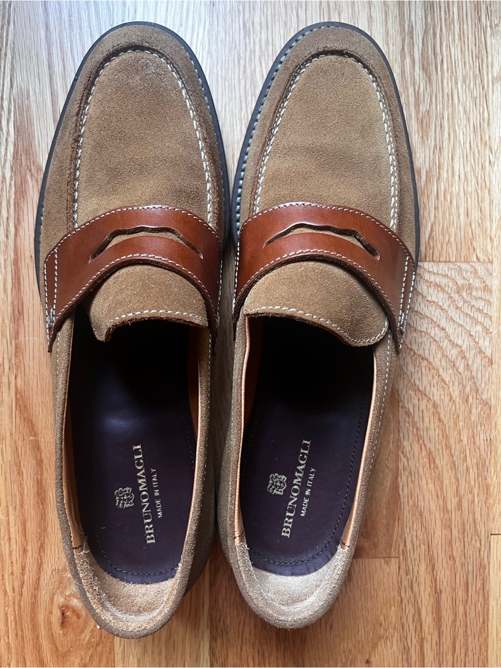 Bruno Magli Sanna Suede Loafers with Cognac Leather Strap, Cognac Suede 10.5 Men